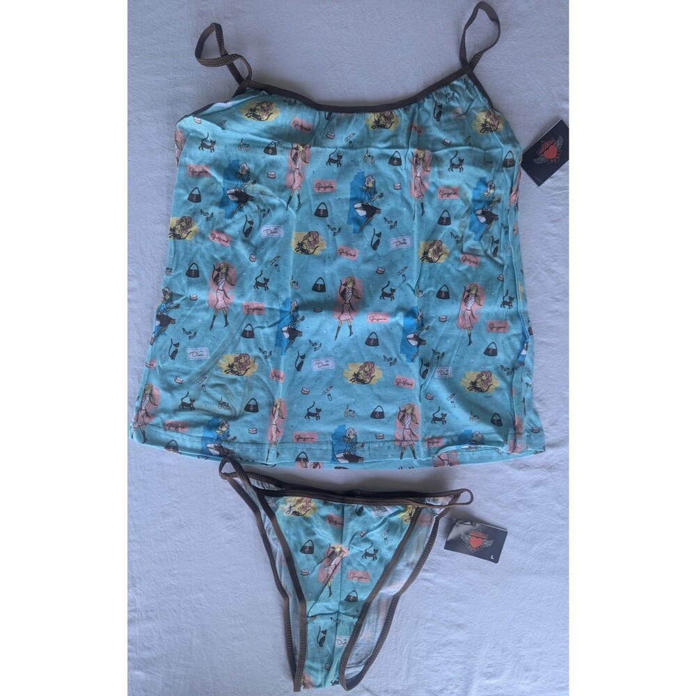 Dangerous Duds Women's L Camisole & Thong Set NWT Blue Diva Girl Print